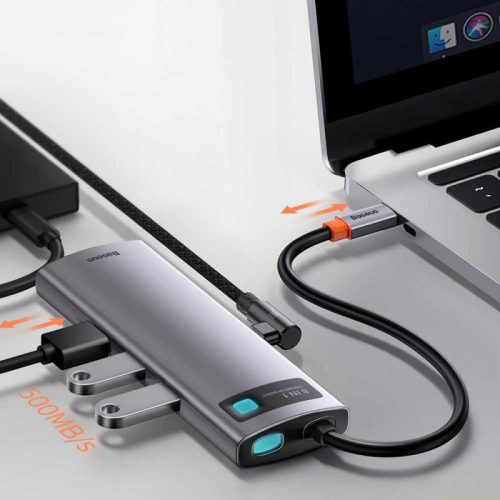 Baseus Metal Gleam 8 az 1-ben HUB USB-C PD 100W + HDMI 4K 30Hz + 3x USB 3.0 + RJ45 1Gbps + SD/MicroSD, Szürke