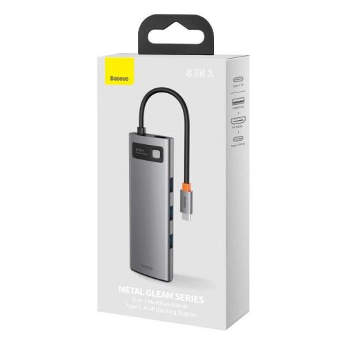 Baseus Metal Gleam 8 az 1-ben HUB USB-C PD 100W + HDMI 4K 30Hz + 3x USB 3.0 + RJ45 1Gbps + SD/MicroSD, Szürke