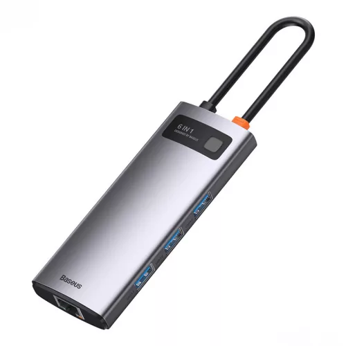 Baseus Metal Gleam Széria 6 az 1-ben  Hub USB-C, 3x USB 3.0 + HDMI + USB-C PD + Ethernet RJ45, szürke
