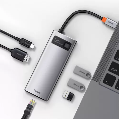 Baseus Metal Gleam Széria 6 az 1-ben  Hub USB-C, 3x USB 3.0 + HDMI + USB-C PD + Ethernet RJ45, szürke