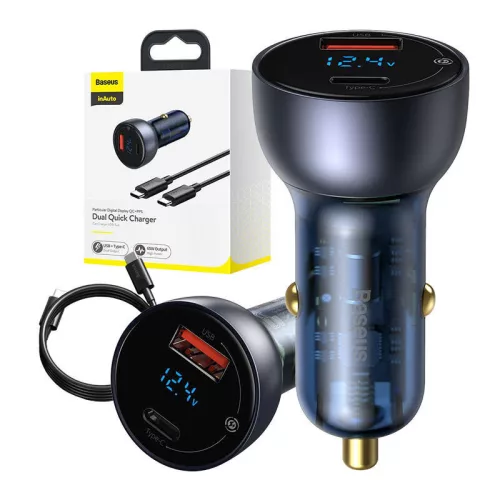 Baseus TZCCKX-0G Szczególny cyfrowy wyświetlacz USB + USB C QC3.0 PD 5A 65W szary ładowarka samochodowa + kabel
