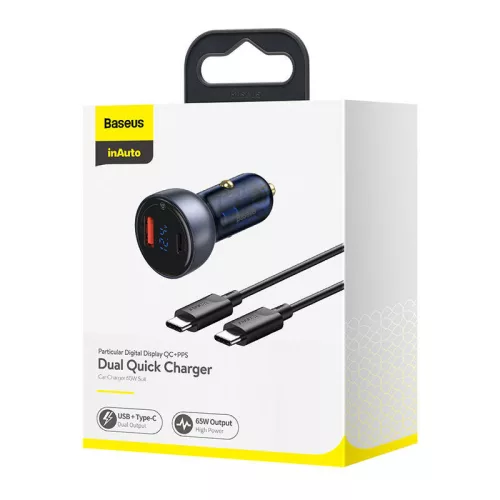 Baseus TZCCKX-0G Szczególny cyfrowy wyświetlacz USB + USB C QC3.0 PD 5A 65W szary ładowarka samochodowa + kabel