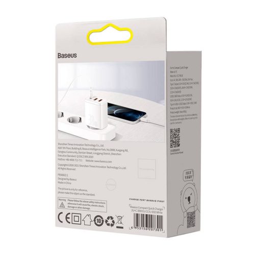 Încărcător rapid compact Baseus 2xUSB-A / USB-C PD 3A 30 W alb (CCXJ-E02)