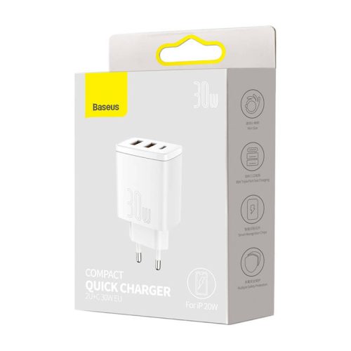 Încărcător rapid compact Baseus 2xUSB-A / USB-C PD 3A 30 W alb (CCXJ-E02)