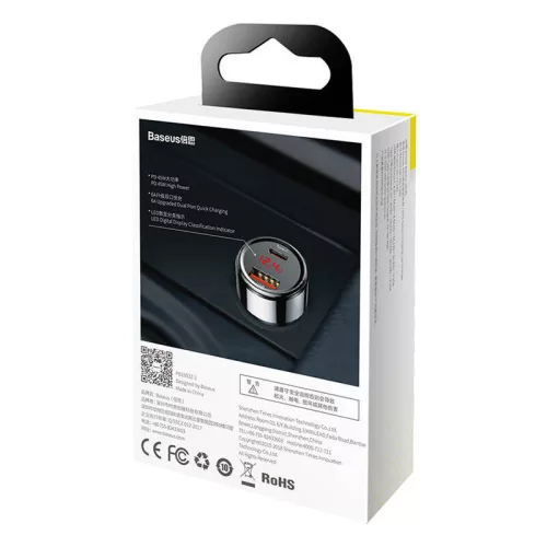 Baseus Magic Series 45W Type-C USB/QC USB z cyfrowym wyświetlaczem czarna ładowarka samochodowa