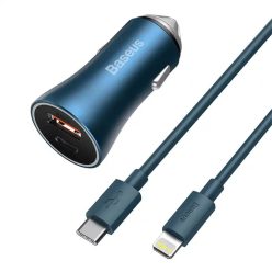   Baseus Golden Contactor Pro car charger USB-A + USB-C QC4.0 + PD SCP 40W blue + USB-C - Lightning cable 1m blue (TZCCJD-03)