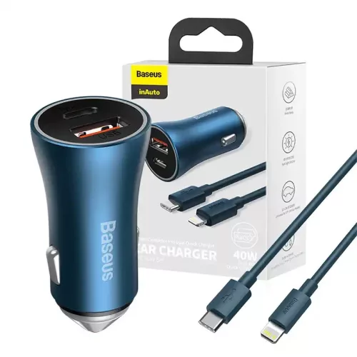 Baseus Golden Contactor Pro ładowarka samochodowa USB-A + USB-C QC4.0 + PD SCP 40W niebieska + kabel USB-C - Lightning 1m niebieski (TZCCJD-03)