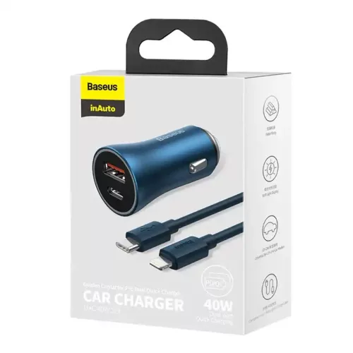 Baseus Golden Contactor Pro ładowarka samochodowa USB-A + USB-C QC4.0 + PD SCP 40W niebieska + kabel USB-C - Lightning 1m niebieski (TZCCJD-03)