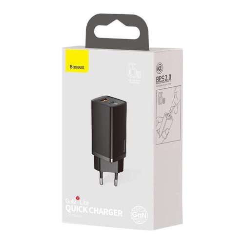 Încărcător de perete Baseus GaN2 Lite USB-A + USB-C 65 W negru (CCGAN2L-B01)