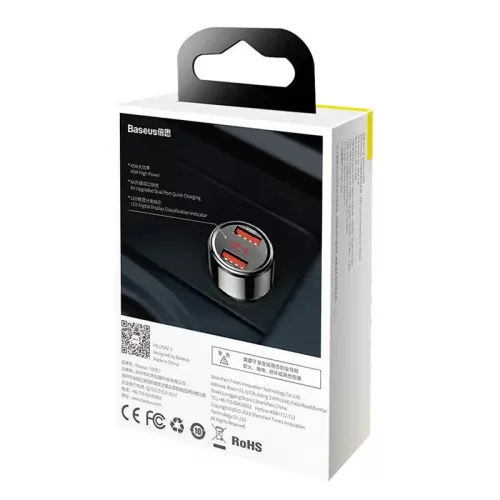 Baseus Magic Series 45W podwójna ładowarka samochodowa QC USB z cyfrowym wyświetlaczem w kolorze czarnym