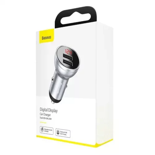 Baseus ładowarka samochodowa z wyświetlaczem 2xUSB-A 4.8A 24W srebrna (CCBX-0S)