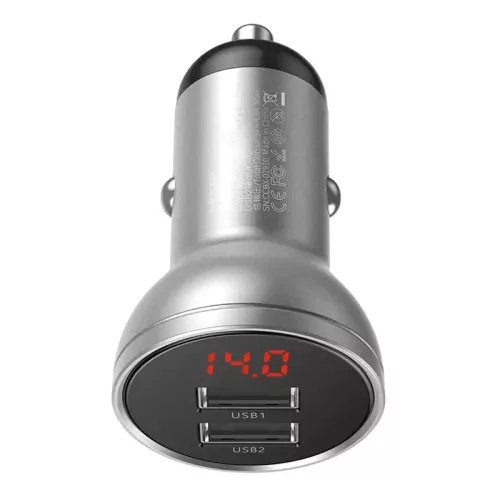Baseus ładowarka samochodowa z wyświetlaczem 2xUSB-A 4.8A 24W srebrna (CCBX-0S)