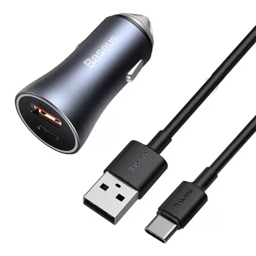 Ładowarka samochodowa Baseus Golden Contactor Pro USB + USB-C QC4.0 + PD SCP 40 W szara + kabel USB-USB-C 1m czarny (TZCCJD-0G)
