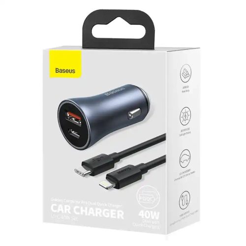 Baseus Golden Contactor Pro autoadaptér USB + USB-C QC4.0 + PD SCP 40W sivý + USB-C kábel iP 1m čierny (TZCCJD-B0G)