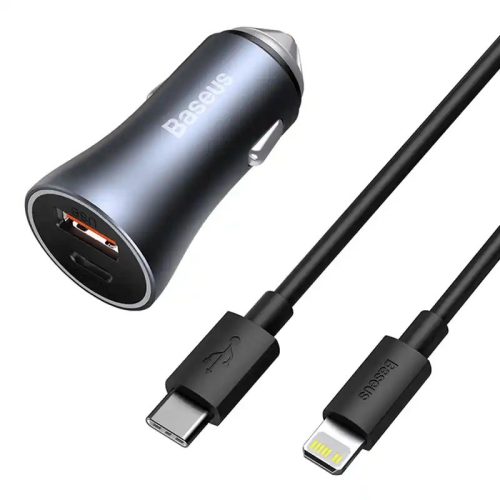 Baseus Golden Contactor Pro autoadaptér USB + USB-C QC4.0 + PD SCP 40W sivý + USB-C kábel iP 1m čierny (TZCCJD-B0G)