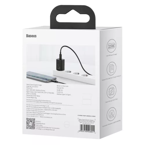 Baseus Super Si 1C 25W szybka ładowarka adapter z kablem USB-C-USB-C 1m czarny (TZCCSUP-L01)