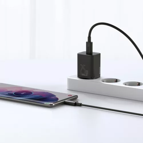 Baseus Super Si 1C 25W szybka ładowarka adapter z kablem USB-C-USB-C 1m czarny (TZCCSUP-L01)