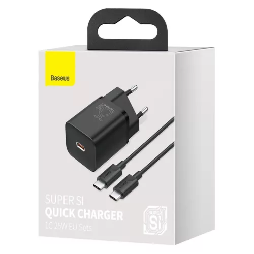 Baseus Super Si 1C 25W szybka ładowarka adapter z kablem USB-C-USB-C 1m czarny (TZCCSUP-L01)