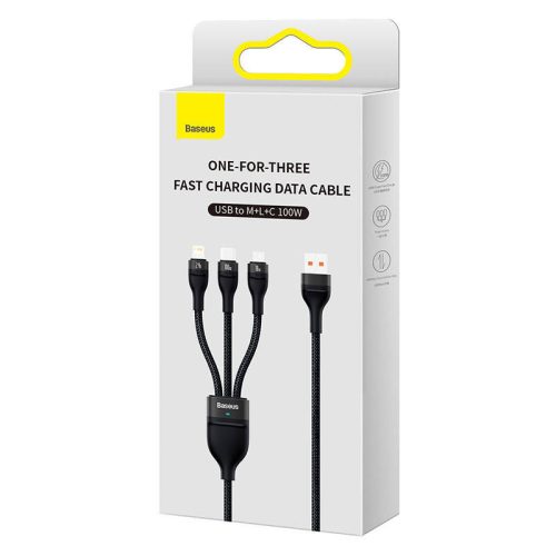 Baseus Flash Series 3 v 1 USB kabel USB-C + micro USB + Lightning 100W 12m černý (CASS030001)