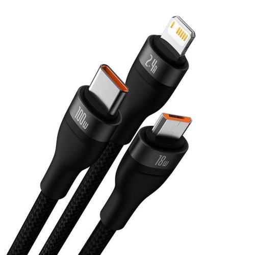 Baseus Flash Series 3 v 1 USB kabel USB-C + micro USB + Lightning 100W 12m černý (CASS030001)