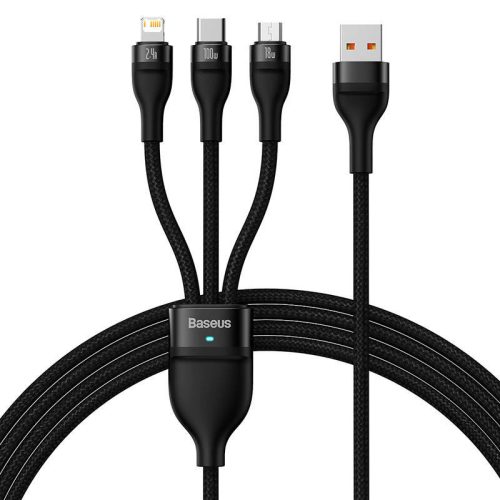 Baseus Flash Series 3 v 1 USB kabel USB-C + micro USB + Lightning 100W 12m černý (CASS030001)