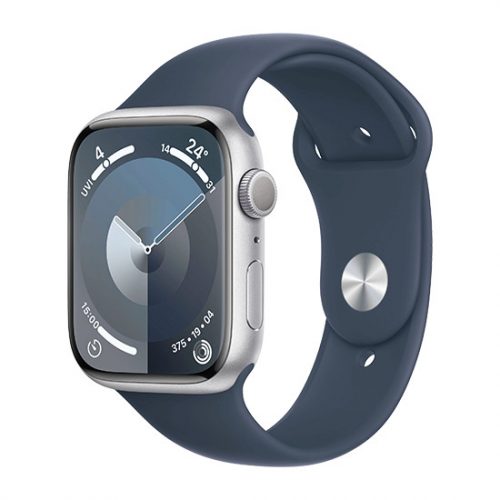 Apple Watch Series 9 GPS 45mm srebrna aluminiowa obudowa niebieski pasek sportowy M/L (MR9E3)